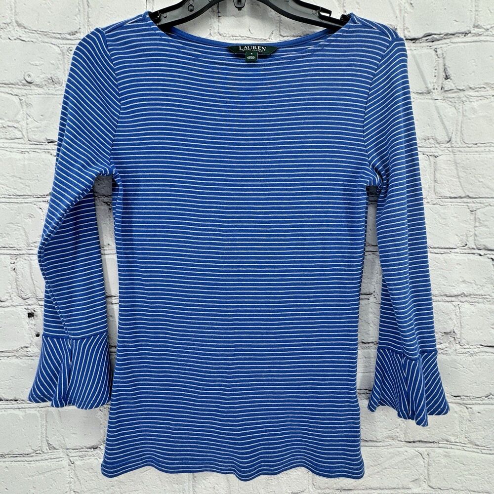 Lauren Ralph Lauren LRL Top Women's S Blue White Striped 3/4 Bell Sleeve Classic